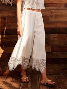 Lullawish Women's Solid Color Waist Tie Contrast Lace Wide Leg Pajama Pants - White - View 2