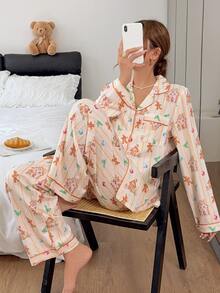 Napfluff Cute Gingerbread Man & Little Cabin Print Lapel Pajama Set, Long Sleeve Long Pants Casual Comfortable Loungewear - Yellow - View 5