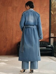 Anewsta Women's Lapel NeckLong Sleeve Casual Long Denim Jacket - Blue - View 4