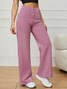 SHEIN PETITE 女款休閒百搭日常旅行牛仔褲，附口袋與鈕扣設計 - 藕粉色 - 查看 4