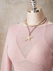 SHEIN ICON 女款大尺碼純色圓領長袖沙灘度假洋裝 秋季 灰粉色 性感 - 藕粉色 - 查看 5