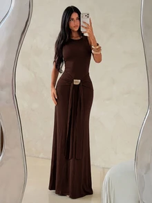 Aloruh Women's Spring/Summer Vacation New Brown Sleeveless Bodycon Fishtail Dress, Suitable For Street, Daily, Commuting - Brown - View 4