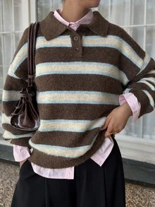 DAZY Sweater Kasual Urban Longgar Bergaris Blok Warna Berkerah untuk Wanita - Coklat - View 1