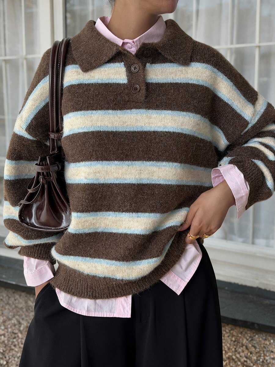 DAZY Sweater Kasual Urban Longgar Bergaris Blok Warna Berkerah untuk Wanita - Coklat - View 1