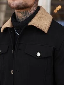 Manfinity Homme English:2026 Spring Summer Men's Black Wool‑Blend Trucker Jacket, Regular‑Fit Coat With Khaki Shearl - Black - View 3