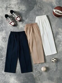 SHEIN 青少年男孩休閒純色牙籤褶飾抽繩彈性腰長褲，適合秋冬春季，適合戶外玩耍、學校、街頭風、派對與居家休閒，高 CP 值 - 藏蓝色 - 查看 7