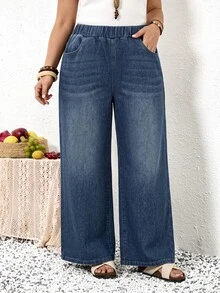 SHEIN MOD Plus Size Casual Washed Straight Leg Jeans - Medium Wash - View 4