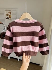 SHEIN 1件女童毛衣，經典粉色與咖啡色條紋圓領短版落肩長袖，甜美可愛風，適中厚度，下擺整齊，柔軟親膚，色彩亮麗，單穿好看，適合日常穿著、外出、上學、街頭、旅行等多種場合，秋冬必備 - 彩色 - 查看 2