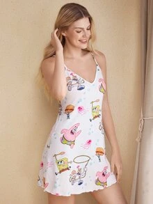 SpongeBob SquarePants | SHEIN Women's Cartoon Print Casual Daily Home Camisole Nightgown - White - View 4