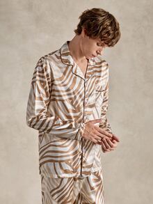EverLounge Men's Luxury Drape Satin Coffee-Colored Wavy Pattern Vintage Loose Fit Loungewear Top - Brown - View 5