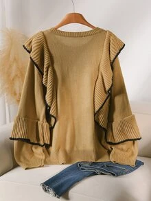 CosyJoli Caramel Brown Contrast Black Trim Double Layer Ruffle Round Neck Knitted Cardigan Women Autumn/Winter Loose Lantern Sleeve Asymmetrical Hem Sweater Jacket - Khaki - View 3
