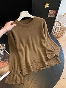 Muvela Women's Brown Scalloped Hem Sweater Pointelle Open Knit Bell Sleeve Flared Cuff Ribbed CrewNeckDropShoulderLooseFit ElegantPulloverKnitwearfall/Winter - Brown - View 3