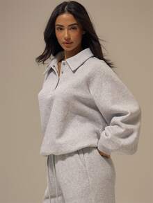 MUSERA ESSENTIALS Grey Collared Neck Ribbed Waistband Cuffed Sleeve Slouchy Sweatshirt Top Basics Loungewear Casual Everyday Essentials - Grey - View 3