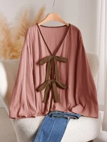 CosyJoli Plus Size Autumn Casual Lace-Up Shirt - Pink - View 1