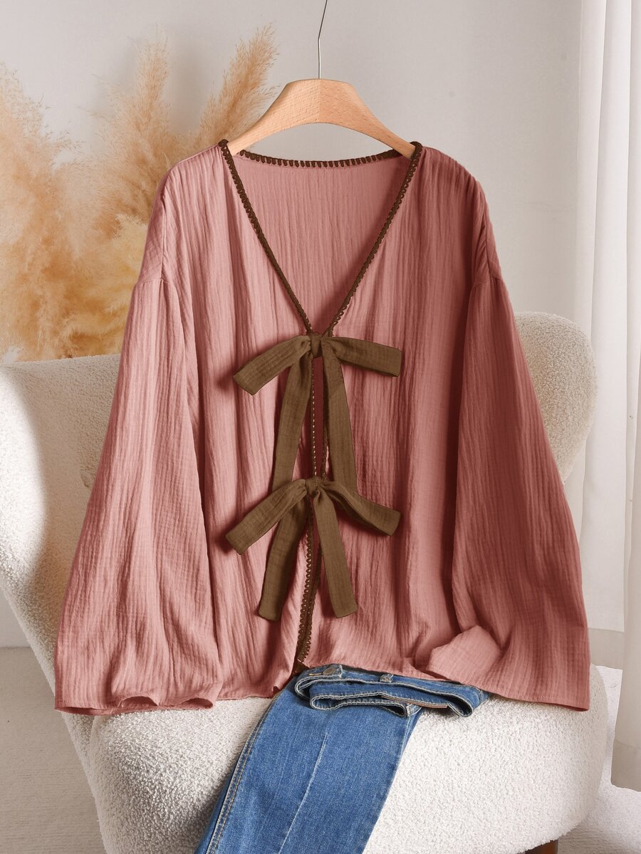 CosyJoli Plus Size Autumn Casual Lace-Up Shirt - Pink - View 1