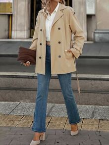 SHEIN Clasi Mantel Trench Panjang Sedang dengan Lapisan Termal yang Mengencangkan Pinggang, Nyaman dan Elegan - Khaki - View 5