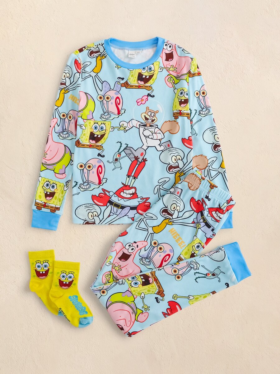 SpongeBob SquarePants | SHEIN Tween Boy Round Neck Long Sleeve Top And Pants Snug Fit Lounge Wear - Blue - View 1