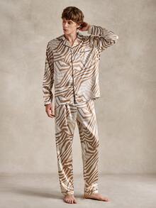 EverLounge Men's Luxury Drape Satin Coffee-Colored Wavy Pattern Vintage Loose Fit Loungewear Top - Brown - View 3