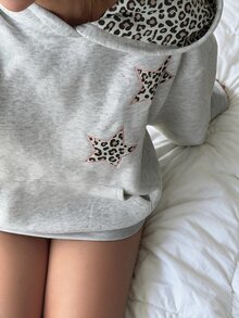 Livesso Sweatshirt Berkerudung Lengan Panjang Bordir Motif Leopard untuk Wanita, Cocok untuk Liburan Musim Gugur - Grey - View 1