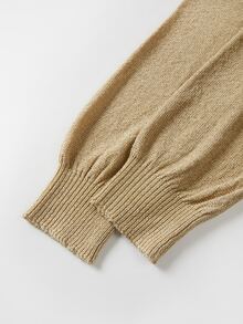 SHEIN Champagne Gold Glitter V-Neck Long Sleeve Knit Sweater For Women - Khaki - View 5