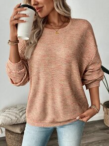 SHEIN LUNE 女款秋季彩色華夫格針織套頭運動衫 - 橘色 - 查看 5