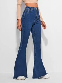 EMERY ROSE Raw Hem Flare Leg Vintage Jeans - Dark Wash - View 3
