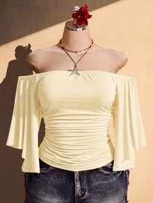 SHEIN ICON 女款大尺碼純色抓皺露肩上衣 - 淡黃色 - 查看 8