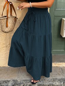 Lacomfia 春夏優雅休閒繫腰抽褶垂墜波西米亞高腰A字大尺碼層次黑色蛋糕裙 - 霧霾藍 - 查看 3