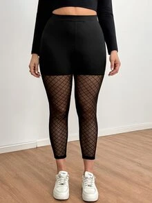 Shapeblank 大尺碼女款彈性腰拼接格紋網紗七分緊身褲 - 黑色 - 查看 7
