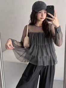 Dazy Kids Tween Girl Solid Color Mesh Casual Versatile Daily Wear Top - Grey - View 2