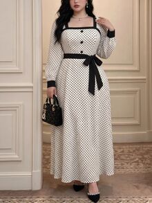 Vibekara New Elegant Fashion Minimalist Commuter Style Long Sleeve Square Neck Dress, Vacation Polka Dot Element Patchwork Contrast Color Dress With Belt Fall - Multicolor - View 3