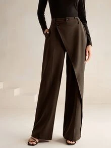 Anewsta Essential Women's New Professional Commute Minimalist Versatile Design Asymmetrical Patchwork High Waist Drape Straight Leg Pants - Mocha Brown - View 3