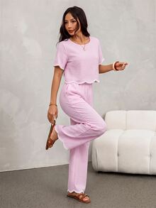 SHEIN PETITE 2件組女款夏季休閒黑白格紋對比色圓領短袖上衣與長褲套裝 - 粉色 - 查看 6