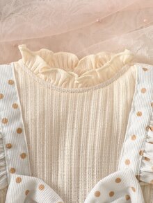 SHEIN Newborn Baby Girl Spring/Autumn Elegant Sweet Ruffle Collar Long Sleeve Ruffle Fake Suspenders Big Bow Brushed Ribbed & Polka Dot Corduroy Dress With Matching Headband - Apricot - View 6