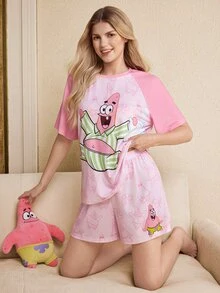 SpongeBob SquarePants | SHEIN Women's Raglan Short Sleeve T-Shirt And Shorts Loungewear Set - Baby Pink - View 1