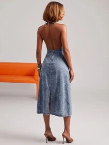 NYA SZN Denim Dress Knee Length Short Cowl Neck Sleeveless Halter Stretch Comfortable Brunch Going Out Date Night Patchwork Chic Cute Party Fall Winter - Light Wash - View 6