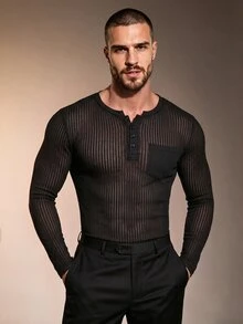 ZURIURI Men's Casual Sheer Long Sleeve T-Shirt - Black - View 3