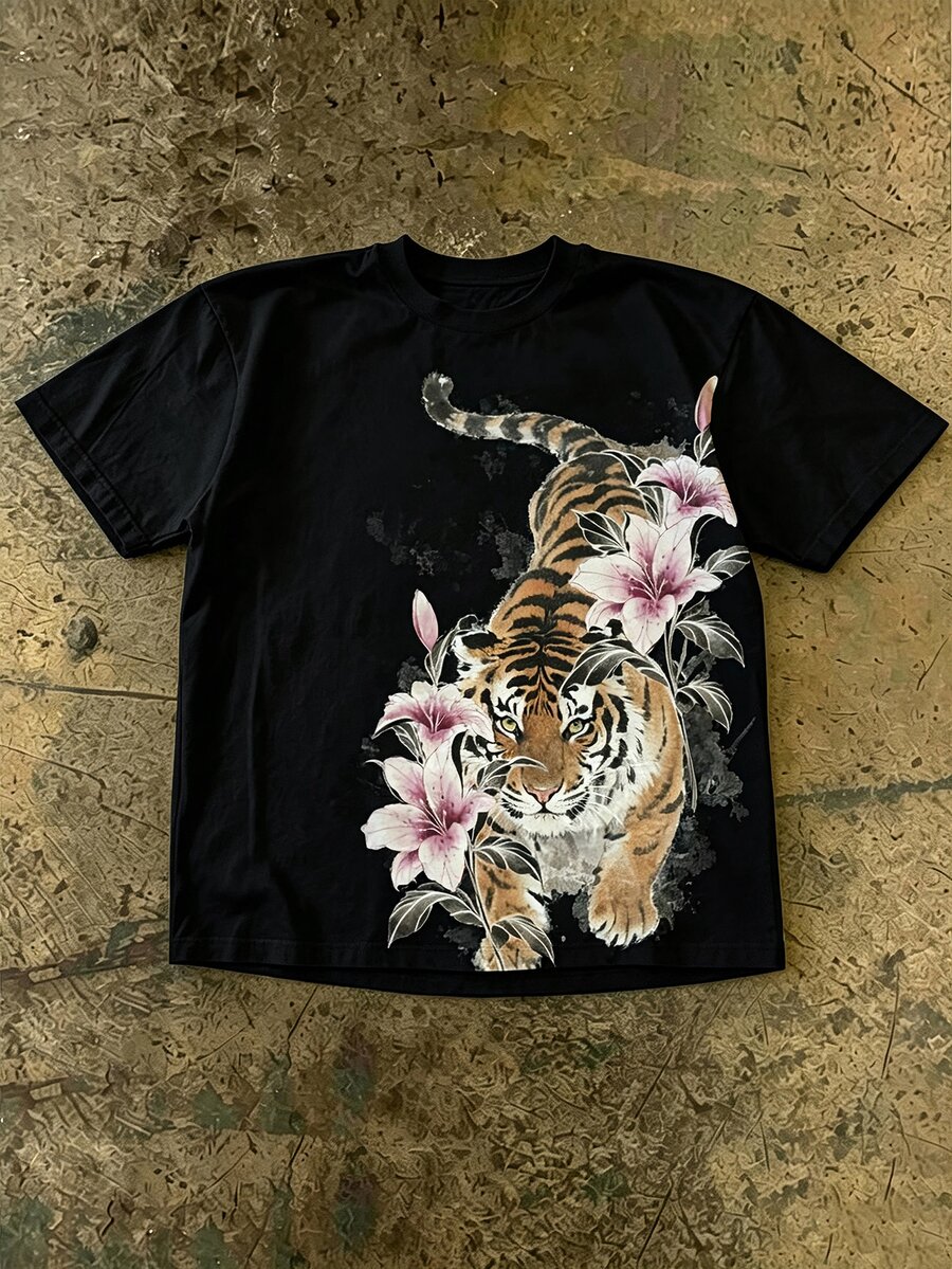 Manfinity Dauomo Men's Floral Tiger Pattern Casual Daily Short Sleeve T-Shirt - Multicolor - View 1