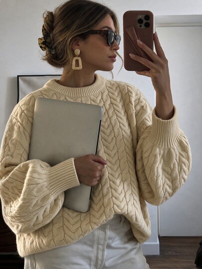 valorelle valorelle Women's New Autumn/Winter Textured Knit Pullover Sweater, Cable Knit Round Neck Drop Shoulder Loose Lantern Long Sleeve Ribbed Hem Top