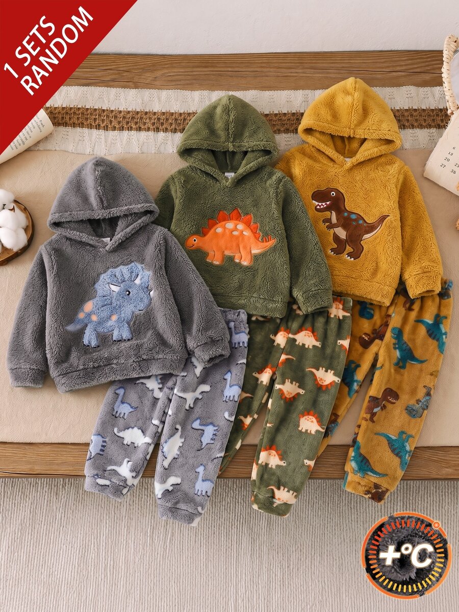 SHEIN 小男孩冬季卡通刺繡恐龍圖案圓領標準肩長袖上衣與長褲 柔軟舒適雙面法蘭絨睡衣套裝 2件組 - 彩色 - 查看 1