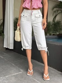 Jeanoix Petite Celana Jeans Denim 6 Titik Kasual Serbaguna Saku Kargo Wanita Gaya Y2K - Putih - View 5