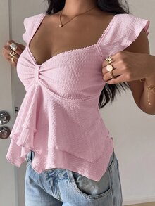 SHEIN EZwear Women's Solid Color Sweetheart Neckline Short Flutter Sleeve Ruffle Hem Top - Pink - View 6