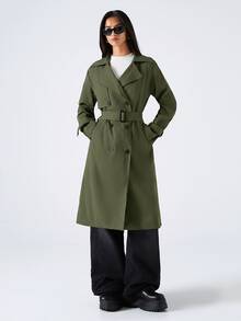 SHEIN EZwear 女款素色時尚百搭日常休閒風衣外套 - 軍綠色 - 查看 6