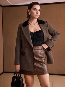 MOTF PREMIUM PLUS SIZE HERRINGBONE PEAK LAPEL DOUBLE BREASTED BLAZER WINTER - Brown - View 1