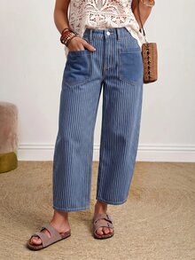 EMERY ROSE Plus Size Women's Pocket Design Striped Casual Loose Fit Denim Jeans - Dark Wash - View 1