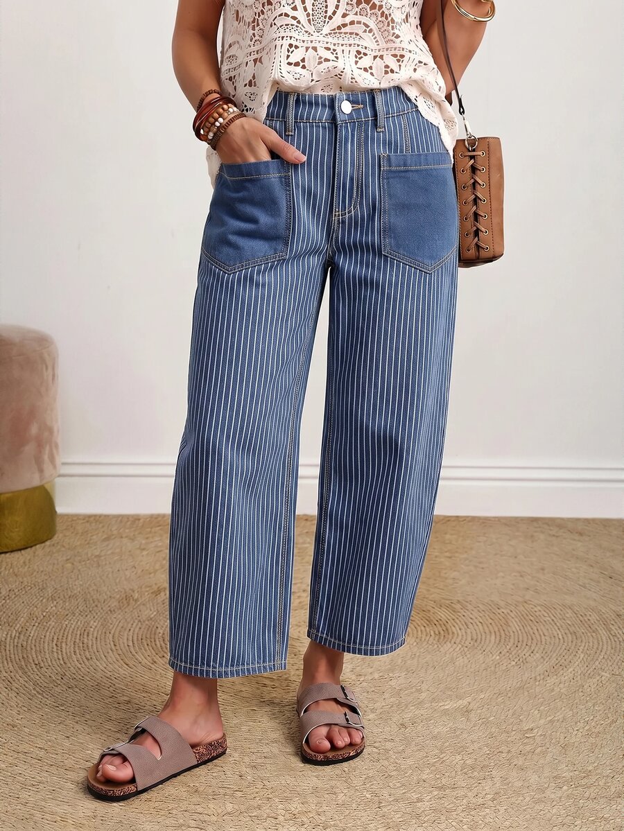 EMERY ROSE Plus Size Women's Pocket Design Striped Casual Loose Fit Denim Jeans - Dark Wash - View 1