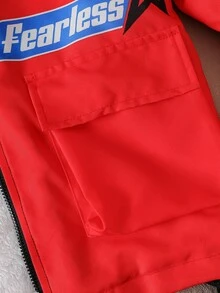 Big Boys Winter Hooded Racing Jacket Red Black Color Block Patch Letter Print Fleece Lined Zip Up Outerwear For Sports Outdoor Daily - Red - View 5