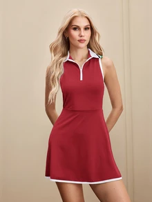 SHEIN Cheerettes 女款拼色拉鍊半開襟無袖運動洋裝 - 紅色 - 查看 2