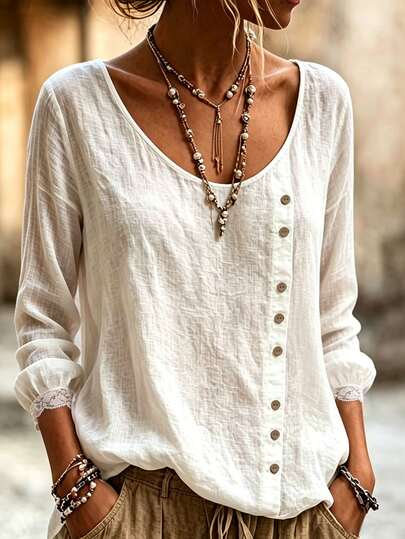 SHEIN 2026 Nouveau Printemps/Automne Blouse Style Français Col U Boutons Asymétriques Texturés Manches Longues pour Femmes, Manches Lanternes avec Bordure en Dentelle, Couleur Unie, Style Minimaliste Doux, Coupe Ample, Polyvalent, Frais Littéraire Navette Affinant Élégant Top pour Femmes