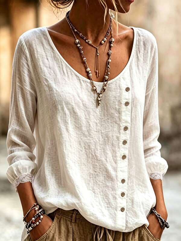 SHEIN 2026 New Spring/Autumn French Style U-Neck Asymmetric Button Textured Long Sleeve Blouse For Women, Lace Trim Lantern Sleeves, Solid Color, Minimalist Gentle Style, Loose Fit, Versatile, Fresh Literary Commuter Slimming Elegant Women's Top